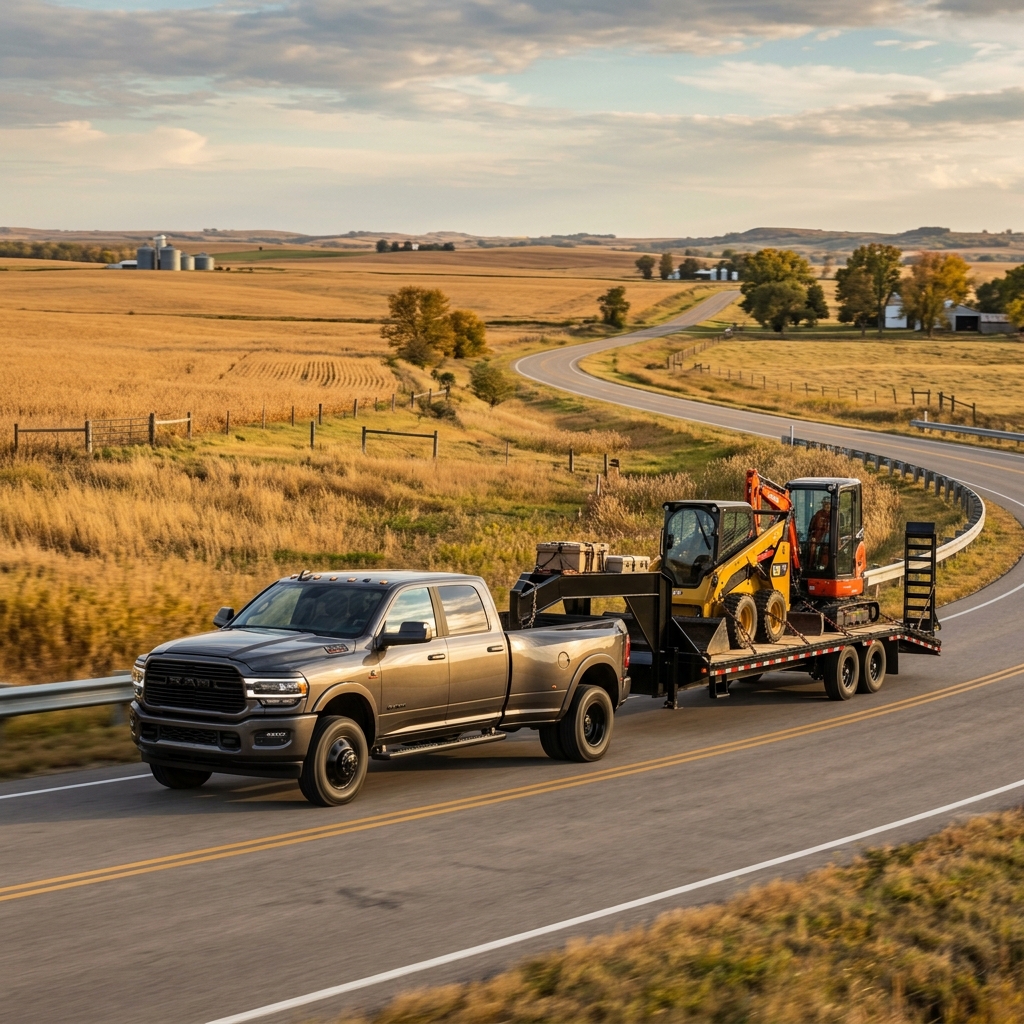 A metallic gray Ram dually truck driving on a rural road while towing a trailer loaded with construction equipment. (Representative image for illustration purposes only. Actual vehicle may vary based on trim and configuration.)