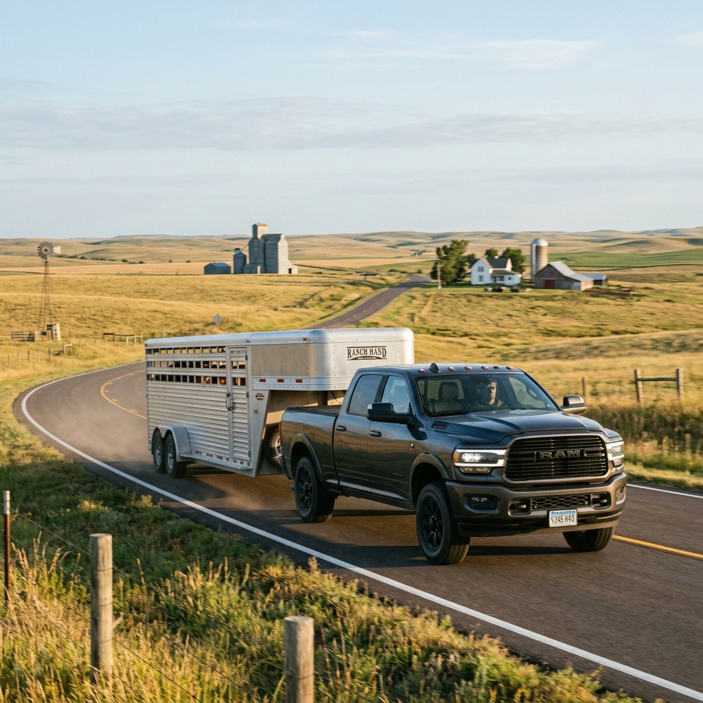 A dark gray Ram pickup truck towing a silver livestock trailer on a winding rural road in a prairie landscape. (Representative image for illustration purposes only. Actual vehicle may vary based on trim and configuration.)