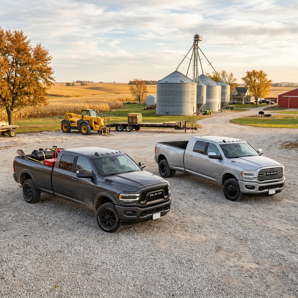 Two RAM pickup trucks parked on a gravel farmyard next to grain silos and harvesting equipment at sunset. (Representative image for illustration purposes only. Actual vehicle may vary based on trim and configuration.)