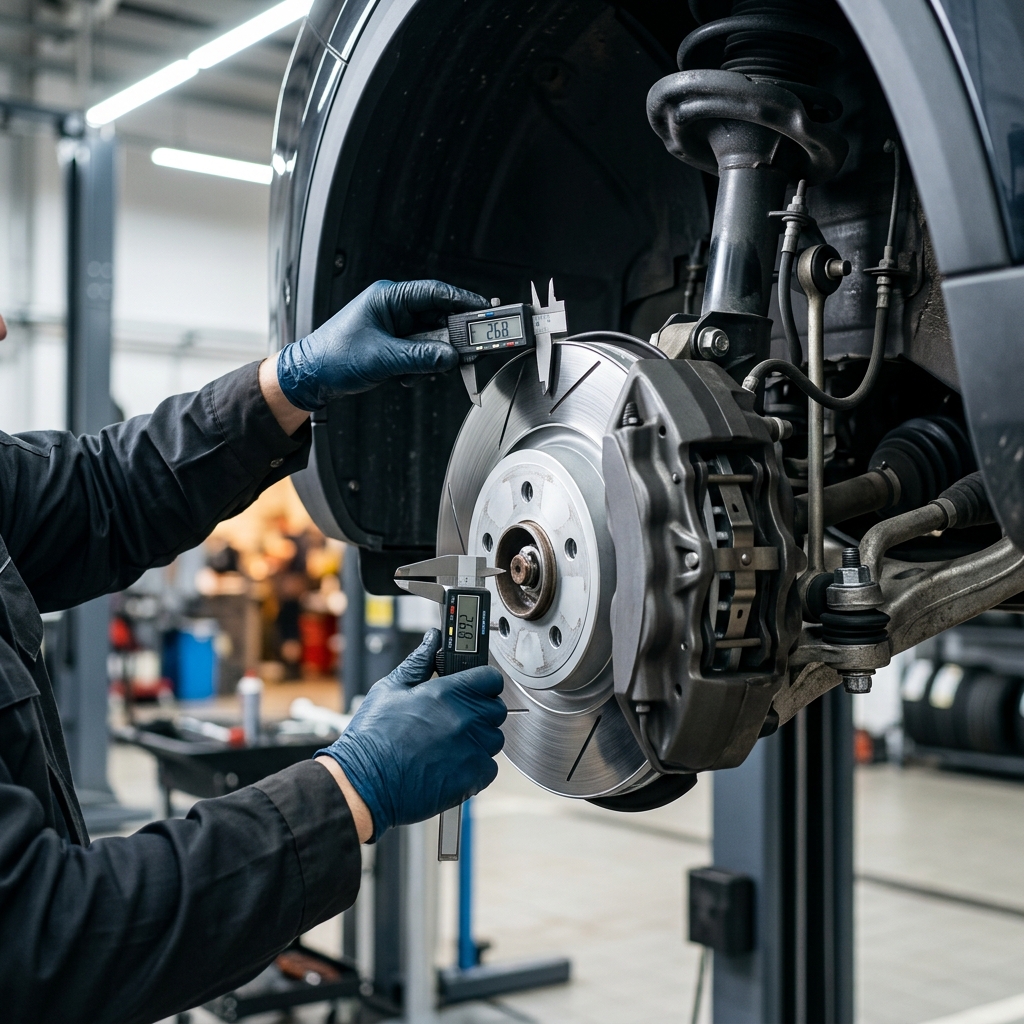 Mechanic using digital calipers to measure a slotted car brake rotor in an auto repair shop. (Representative image for illustration purposes only. Actual vehicle may vary based on trim and configuration.)