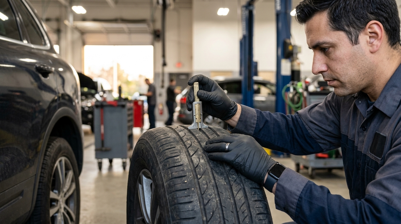 Auto mechanic wearing black gloves measuring tire tread depth with a gauge in a repair shop. (Representative image for illustration purposes only. Actual vehicle may vary based on trim and configuration.)