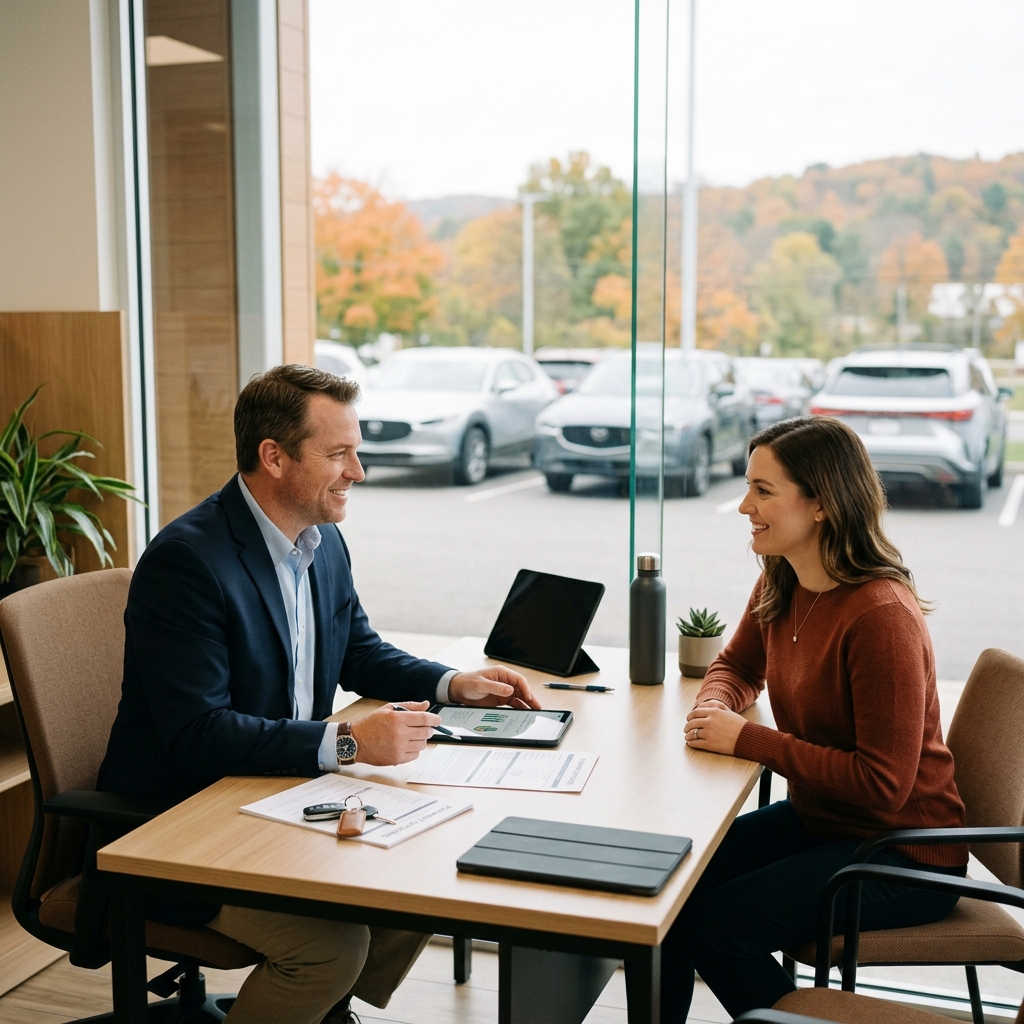 A male car representative discusses documents with a smiling woman at a desk in a showroom with cars outside. (Representative image for illustration purposes only. Actual vehicle may vary based on trim and configuration.)