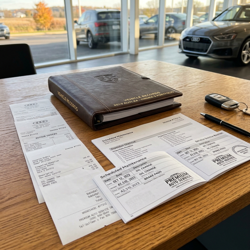 A brown leather vehicle records portfolio, service receipts, key fob, and pen sitting on a wooden desk in a car dealership. (Representative image for illustration purposes only. Actual vehicle may vary based on trim and configuration.)