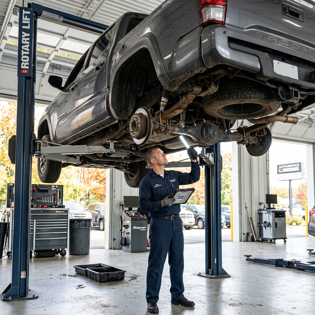 Auto mechanic using a work light and tablet to inspect the undercarriage of a truck raised on a hydraulic lift. (Representative image for illustration purposes only. Actual vehicle may vary based on trim and configuration.)