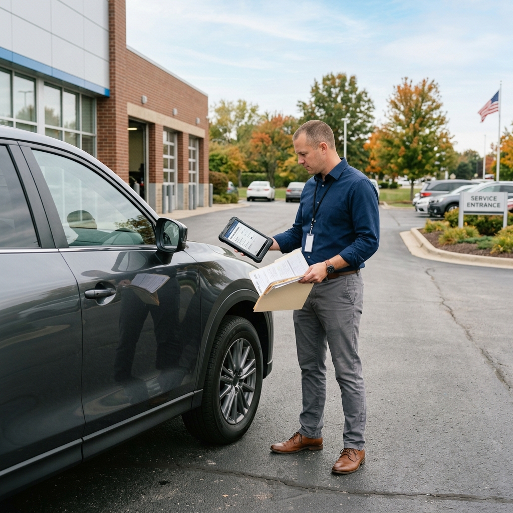 Service advisor inspecting a grey car while holding a digital tablet and folder outside a dealership. (Representative image for illustration purposes only. Actual vehicle may vary based on trim and configuration.)