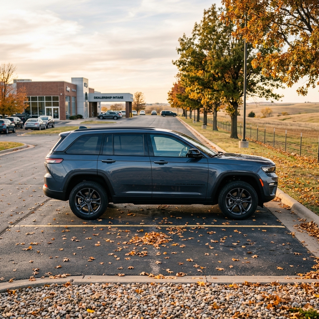 Side view of a dark blue SUV parked in an asphalt parking lot littered with autumn leaves outside a car dealership. (Representative image for illustration purposes only. Actual vehicle may vary based on trim and configuration.)
