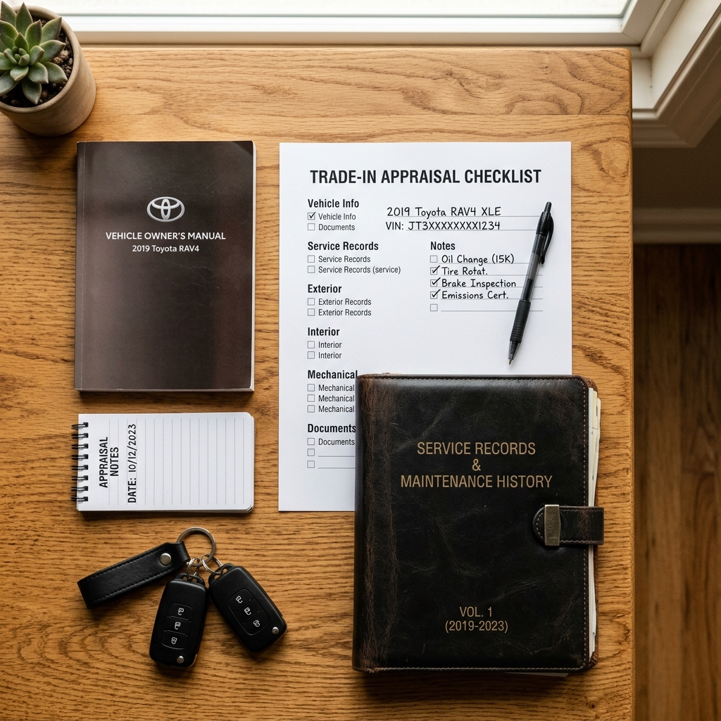 A trade-in appraisal checklist, Toyota owner's manual, service record binder, car keys, and notepad on a wooden desk. (Representative image for illustration purposes only. Actual vehicle may vary based on trim and configuration.)