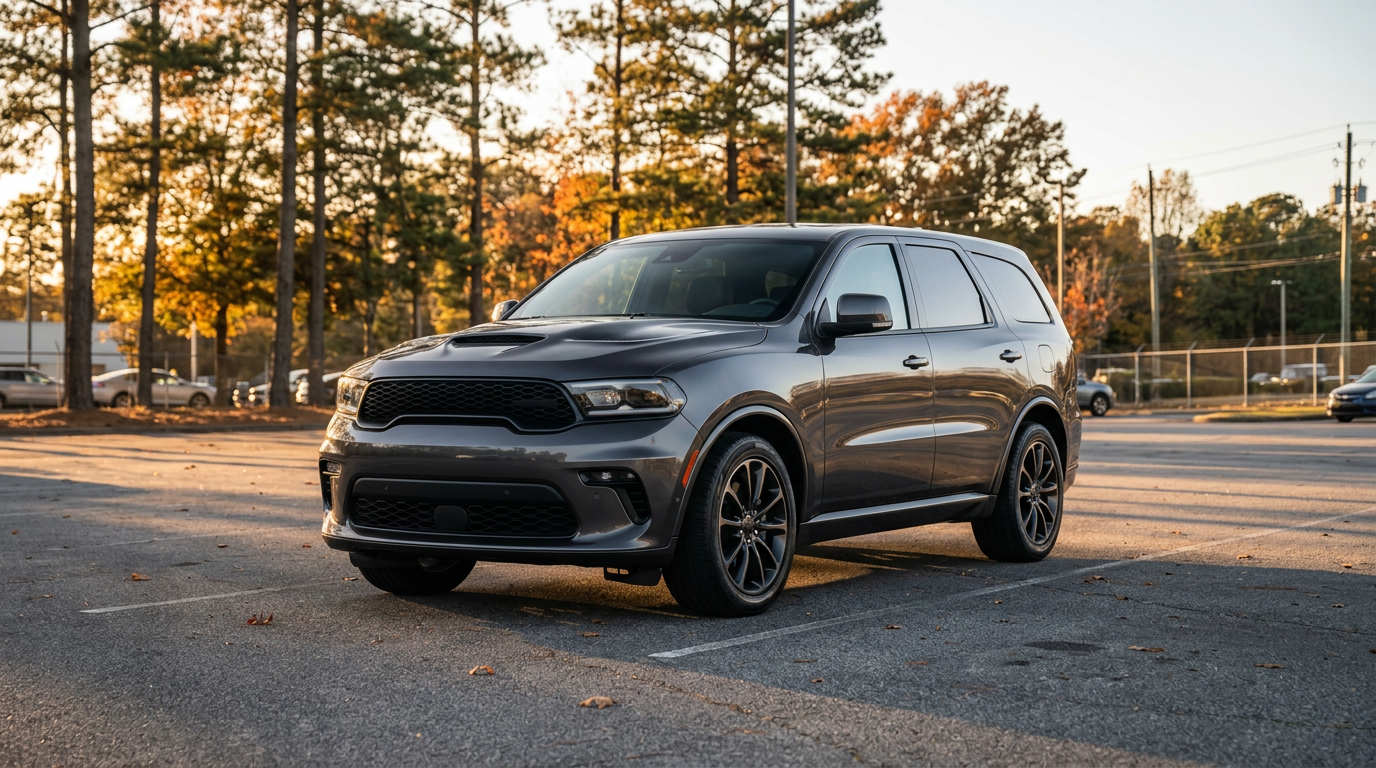 A dark gray modern SUV parked in an outdoor parking lot illuminated by warm golden hour sunlight. (Representative image for illustration purposes only. Actual vehicle may vary based on trim and configuration.)