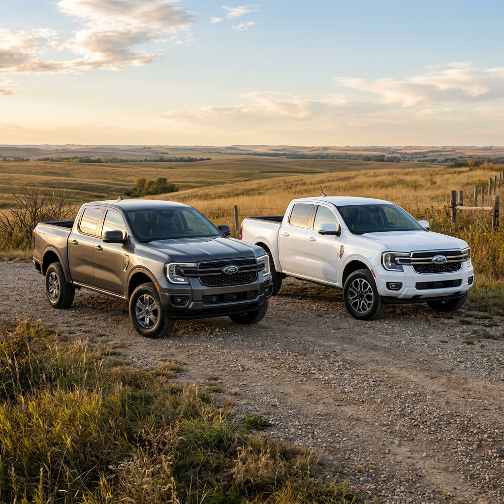 Grey and white Ford Ranger pickup trucks parked side by side on a dirt road in rolling grassy hills at sunset. (Representative image for illustration purposes only. Actual vehicle may vary based on trim and configuration.)