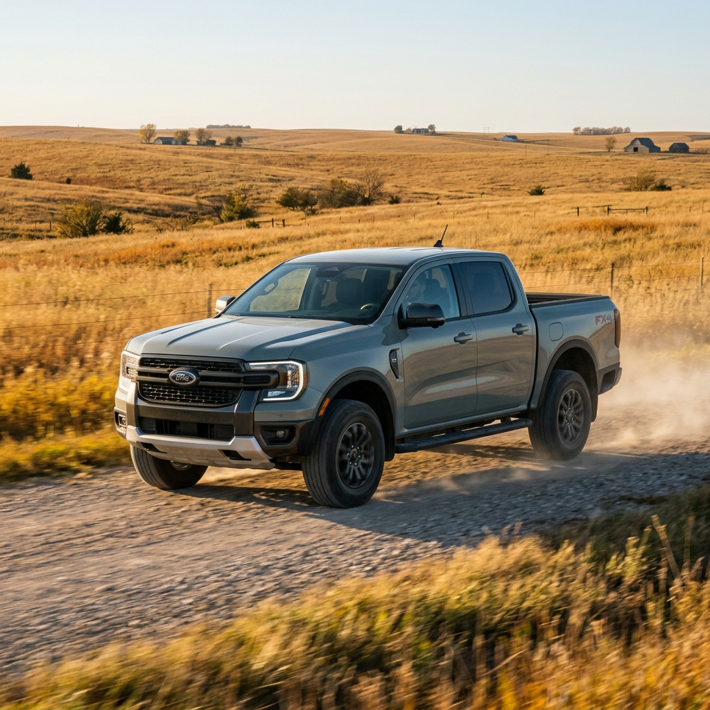 A grey Ford Ranger pickup truck driving down a rural gravel road, kicking up dust in a sunny grassy field landscape. (Representative image for illustration purposes only. Actual vehicle may vary based on trim and configuration.)