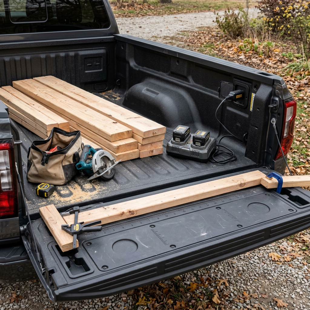 Pickup truck bed loaded with lumber, a circular saw, tool bag, and a battery charger plugged into an in-bed power outlet. (Representative image for illustration purposes only. Actual vehicle may vary based on trim and configuration.)