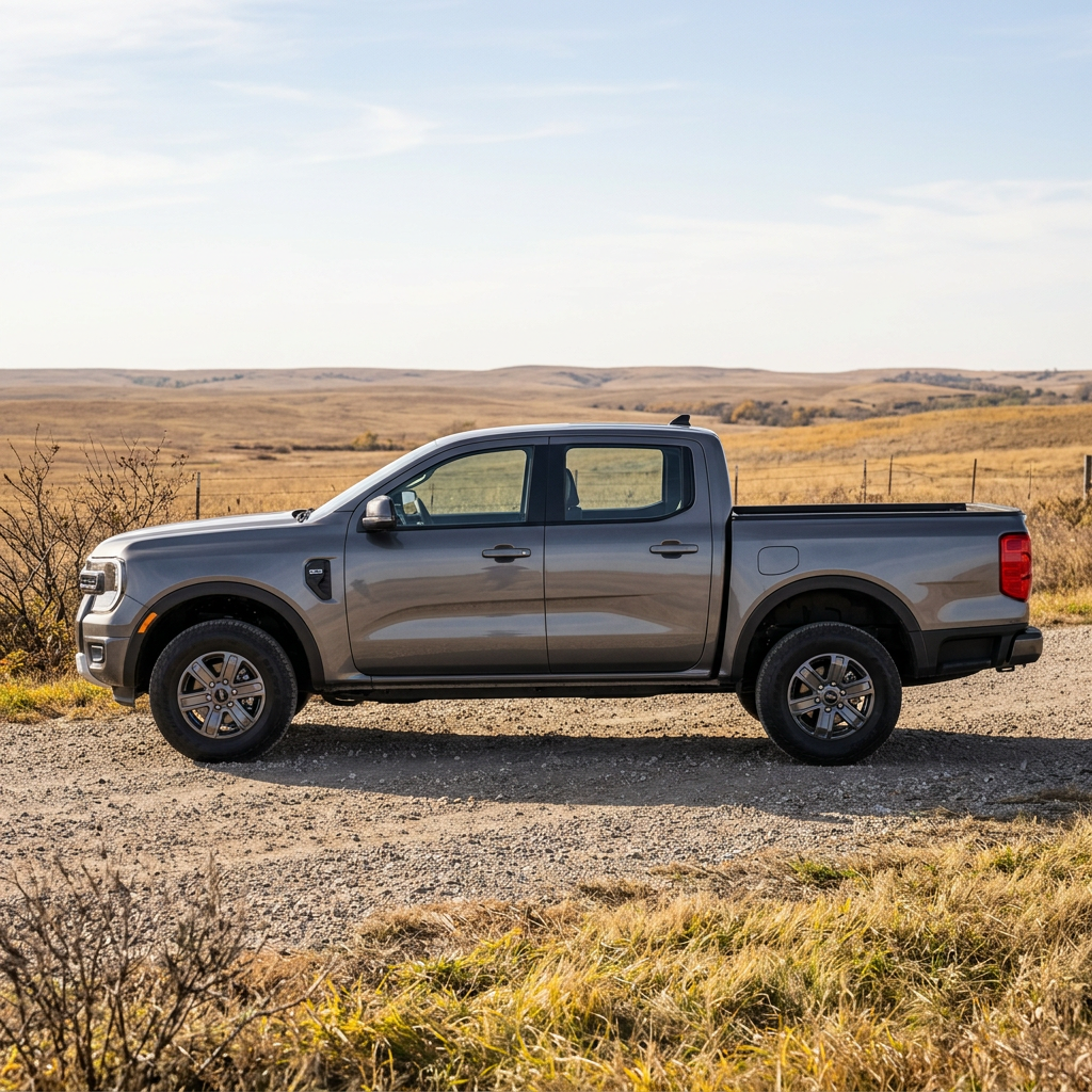 Side profile of a grey Ford Ranger pickup truck parked on a rural gravel road with rolling hills in the background. (Representative image for illustration purposes only. Actual vehicle may vary based on trim and configuration.)
