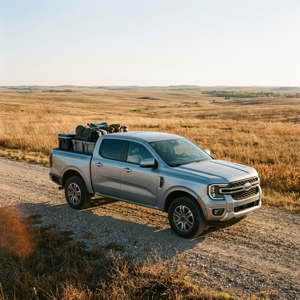 Silver Ford Ranger pickup truck packed with camping gear parked on a gravel road in a vast grassy field. (Representative image for illustration purposes only. Actual vehicle may vary based on trim and configuration.)