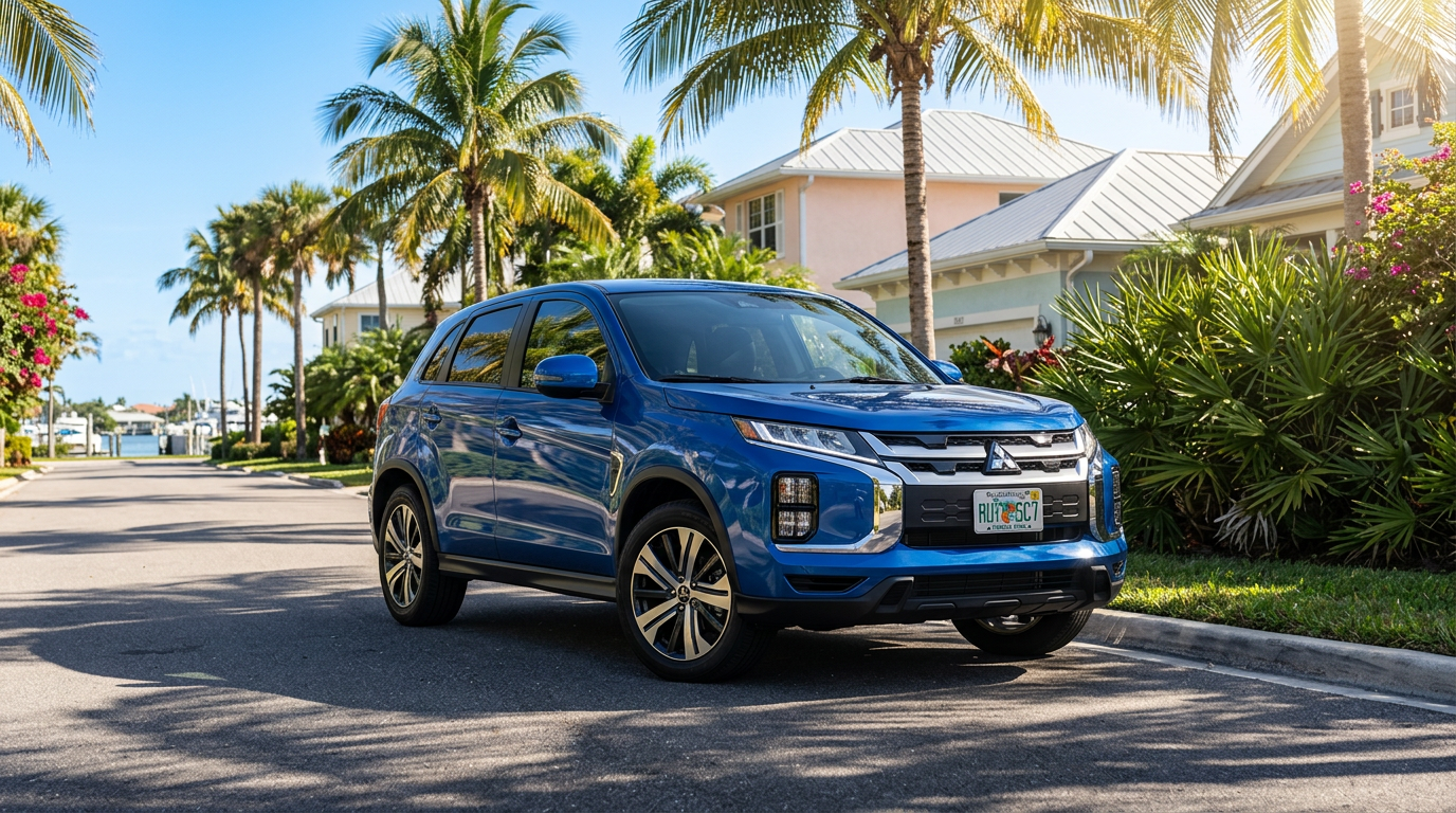 Blue Mitsubishi SUV parked on a sunlit street surrounded by palm trees and pastel coastal homes. (Representative image for illustration purposes only. Actual vehicle may vary based on trim and configuration.)