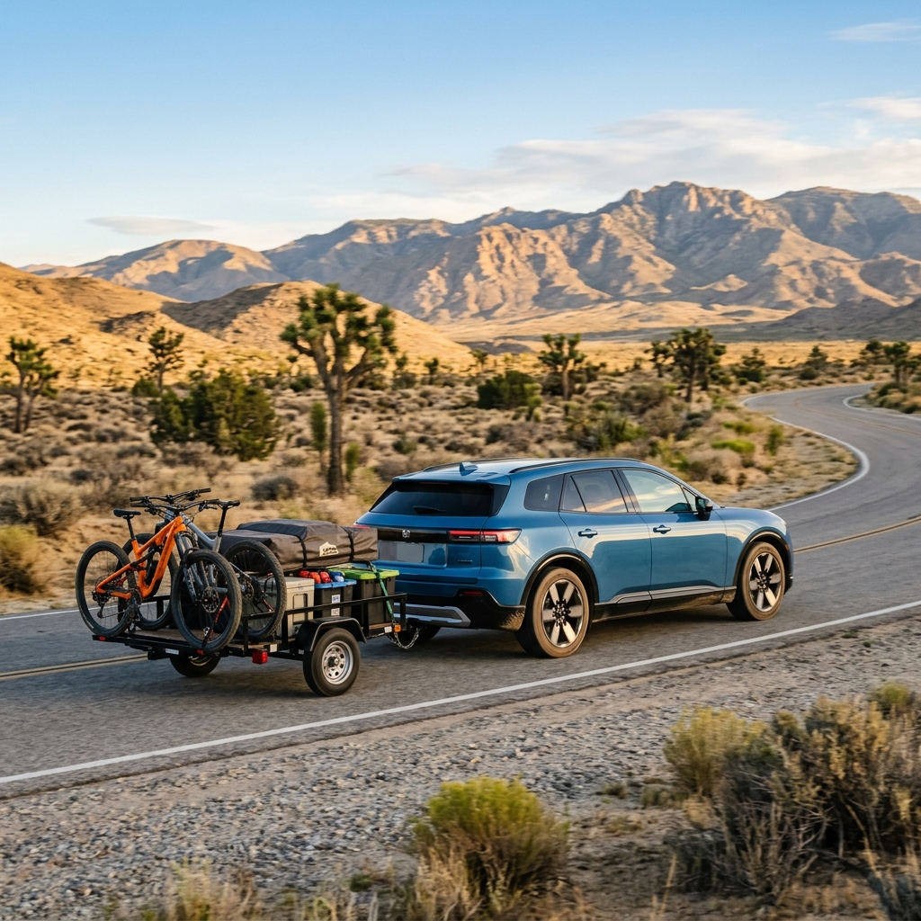Blue SUV towing a trailer loaded with mountain bikes and camping gear along a winding desert road. (Representative image for illustration purposes only. Actual vehicle may vary based on trim and configuration.)