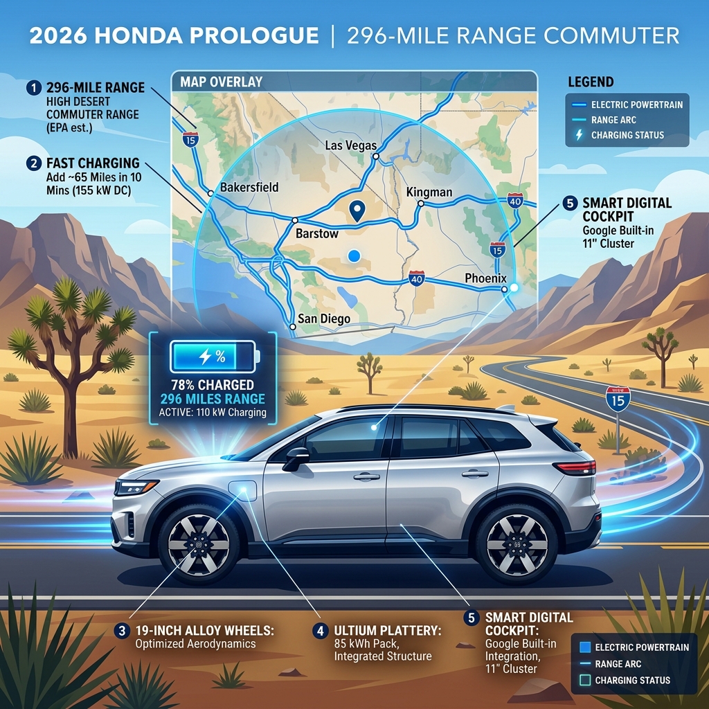 Infographic showing features of the 2026 Honda Prologue EV, including range, battery specifications, and digital cockpit. (Representative image for illustration purposes only. Actual vehicle may vary based on trim and configuration.)