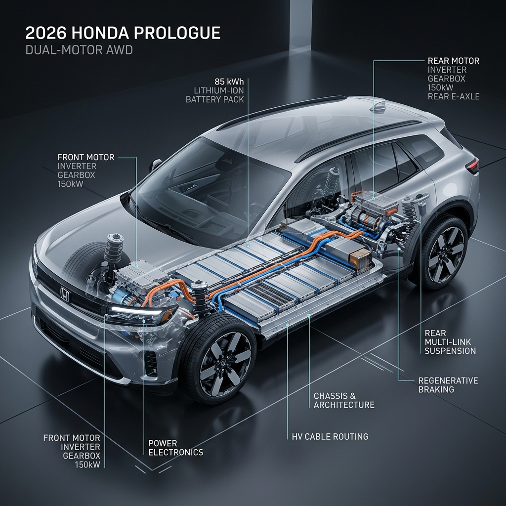 Cutaway technical diagram of a silver 2026 Honda Prologue electric SUV highlighting battery, motors, and powertrain parts. (Representative image for illustration purposes only. Actual vehicle may vary based on trim and configuration.)