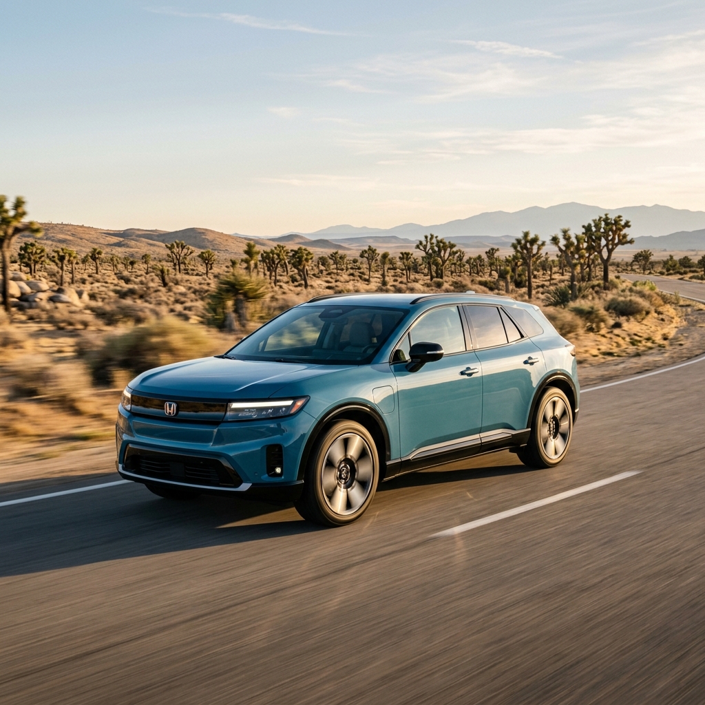 A blue Honda Prologue electric SUV driving along a paved road in a desert landscape filled with Joshua trees. (Representative image for illustration purposes only. Actual vehicle may vary based on trim and configuration.)