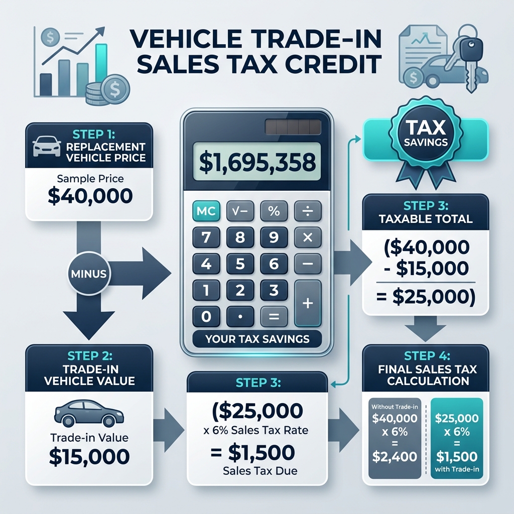 Infographic detailing four steps to calculate vehicle trade-in sales tax credit and potential tax savings. (Representative image for illustration purposes only. Actual vehicle may vary based on trim and configuration.)