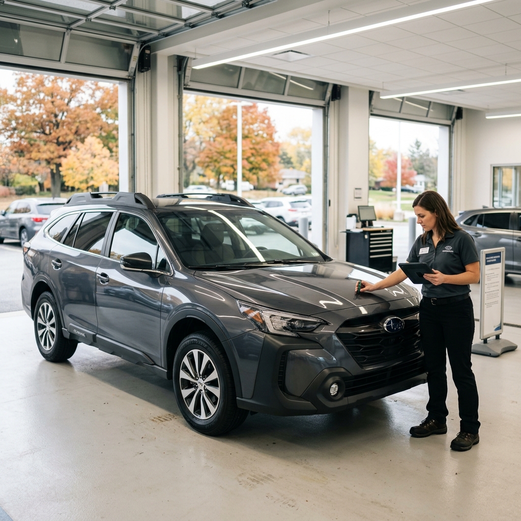 A service technician holding a tablet inspects the hood of a grey Subaru Outback inside a clean dealership service bay. (Representative image for illustration purposes only. Actual vehicle may vary based on trim and configuration.)