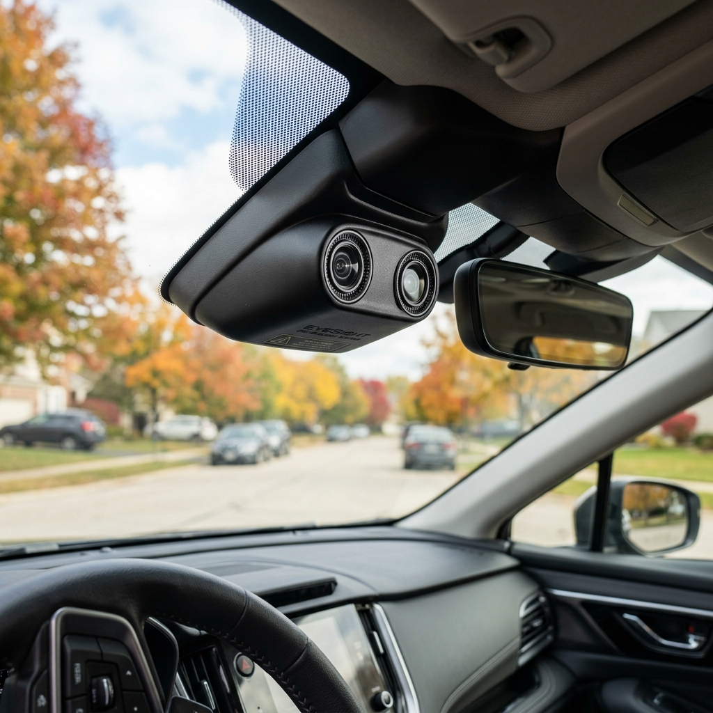 Dual-camera driver assist module mounted on a car windshield next to the rearview mirror. (Representative image for illustration purposes only. Actual vehicle may vary based on trim and configuration.)
