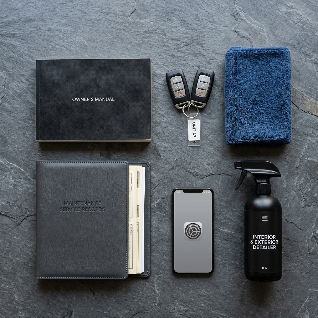 Flat lay of car essentials including an owner's manual, maintenance records, key fobs, phone, and detailing spray. (Representative image for illustration purposes only. Actual vehicle may vary based on trim and configuration.)