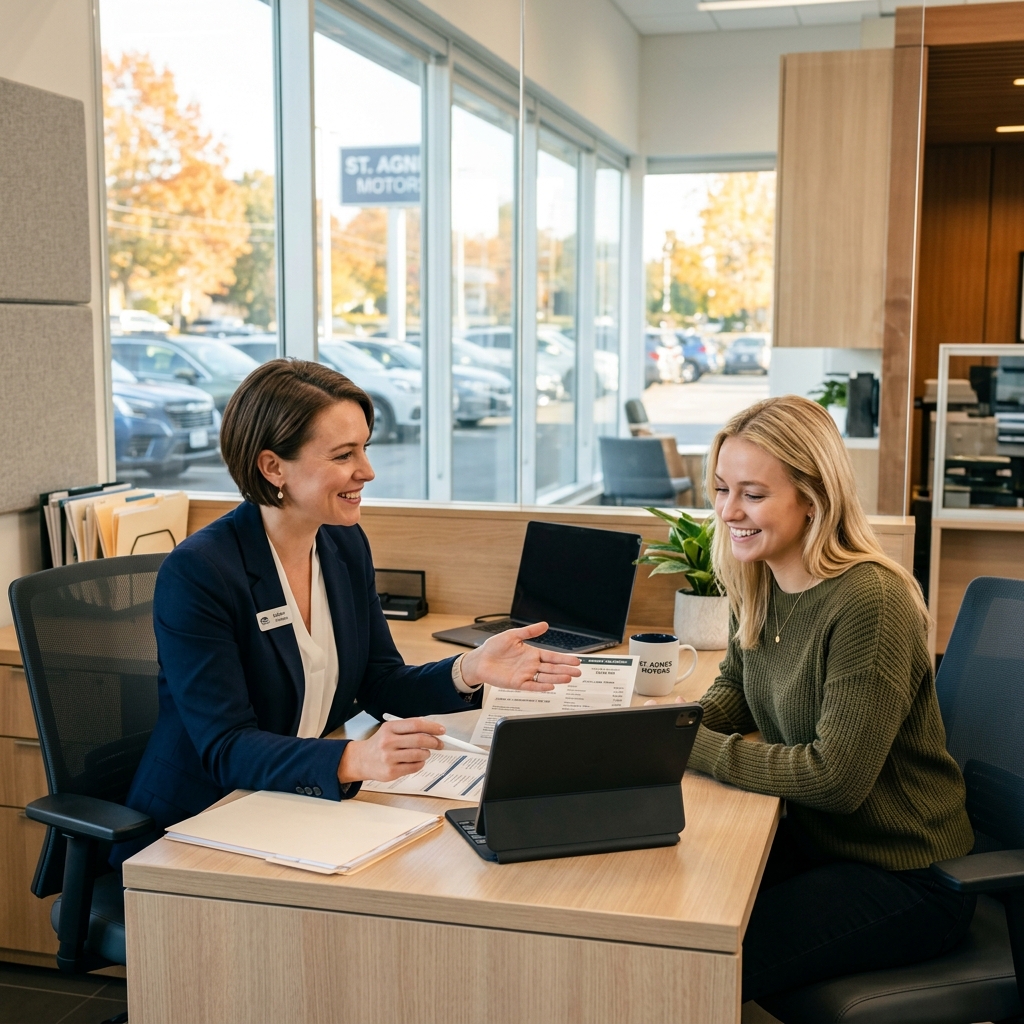 A car dealership representative explaining paperwork to a smiling customer sitting across her desk. (Representative image for illustration purposes only. Actual vehicle may vary based on trim and configuration.)