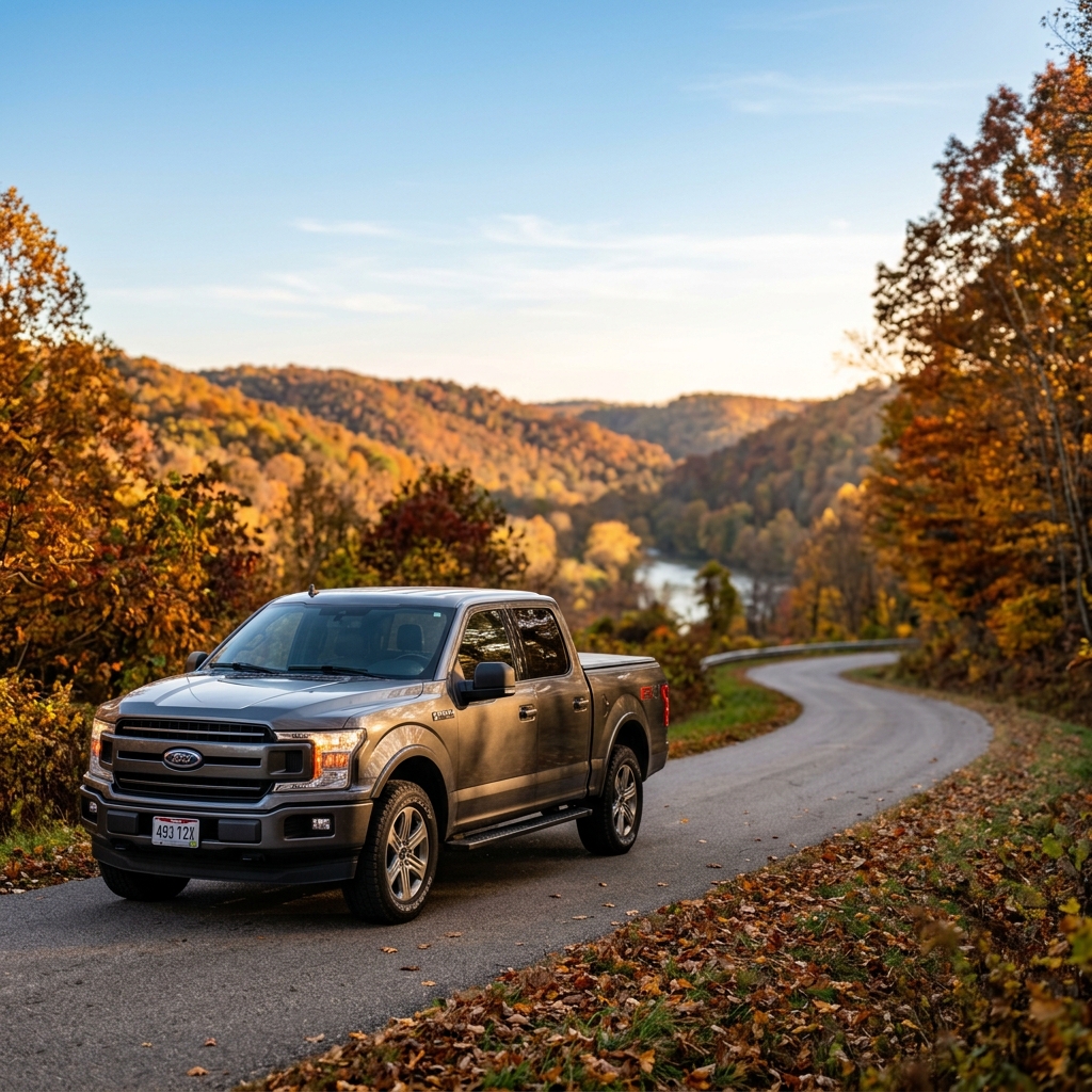 A grey Ford F-150 pickup truck driving on a winding country road surrounded by colorful autumn foliage. (Representative image for illustration purposes only. Actual vehicle may vary based on trim and configuration.)