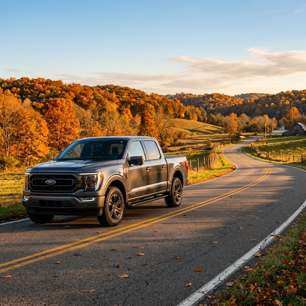 A dark grey Ford F-150 truck on a winding country road surrounded by colorful fall trees. (Representative image for illustration purposes only. Actual vehicle may vary based on trim and configuration.)