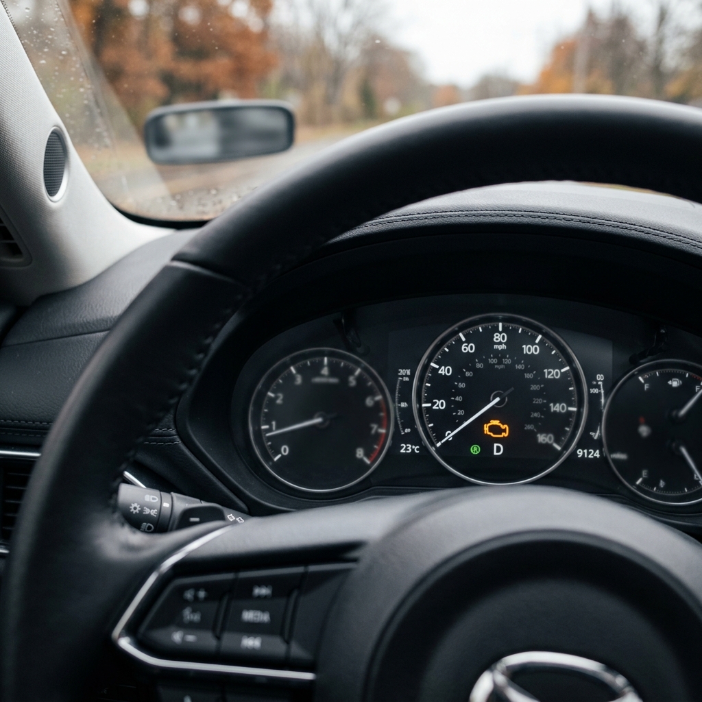 Driver's view of a car dashboard featuring an illuminated yellow check engine light on the speedometer. (Representative image for illustration purposes only. Actual vehicle may vary based on trim and configuration.)