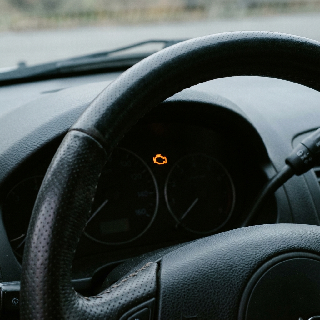 Illuminated amber check engine light glowing on a car dashboard behind a leather steering wheel. (Representative image for illustration purposes only. Actual vehicle may vary based on trim and configuration.)