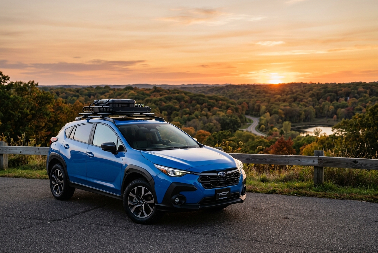 Blue Subaru Crosstrek SUV with roof rack parked on a scenic overlook at sunset. (Representative image for illustration purposes only. Actual vehicle may vary based on trim and configuration.)