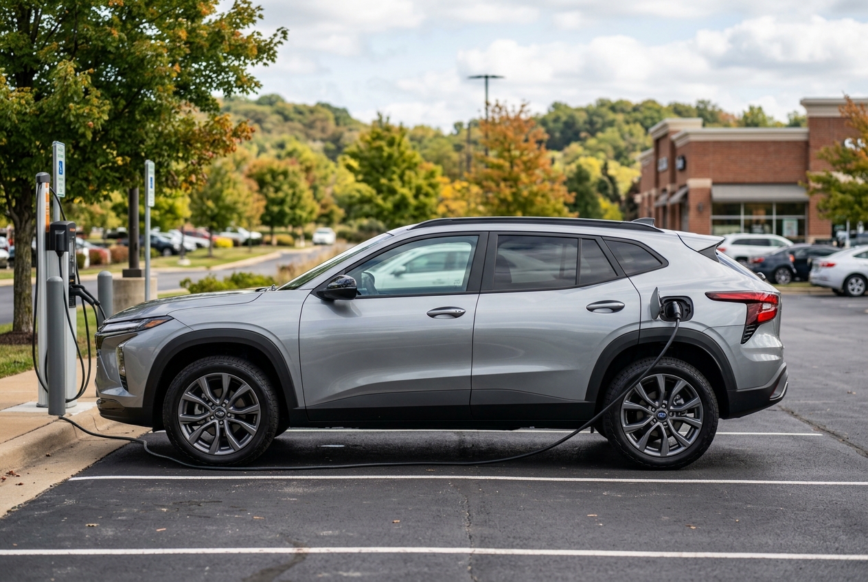 Silver electric crossover SUV plugged into an outdoor charging station in a parking lot. (Representative image for illustration purposes only. Actual vehicle may vary based on trim and configuration.)