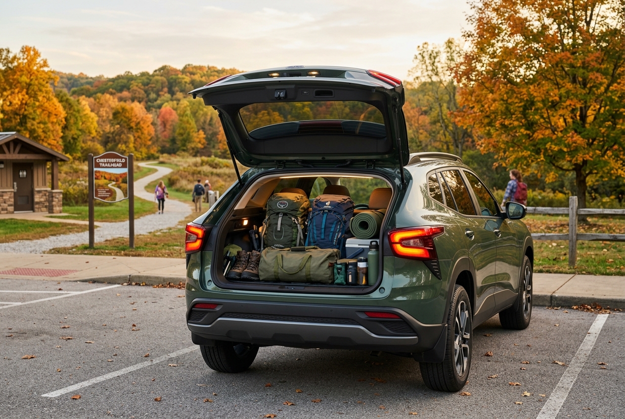 Green SUV with open trunk filled with backpacks, hiking boots, and gear parked near a scenic autumn trail. (Representative image for illustration purposes only. Actual vehicle may vary based on trim and configuration.)