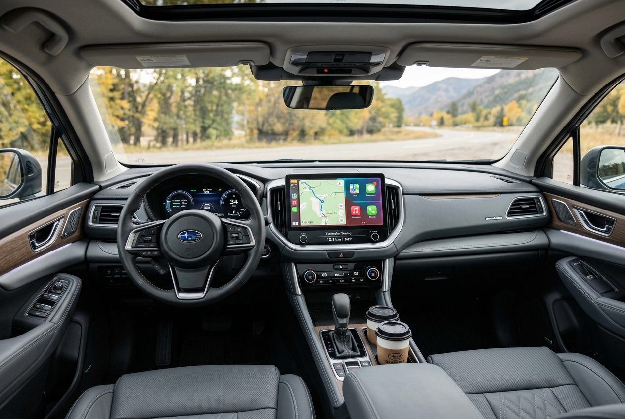 Interior view of a modern car dashboard featuring a digital touchscreen, steering wheel, and coffee cups in the center console. (Representative image for illustration purposes only. Actual vehicle may vary based on trim and configuration.)