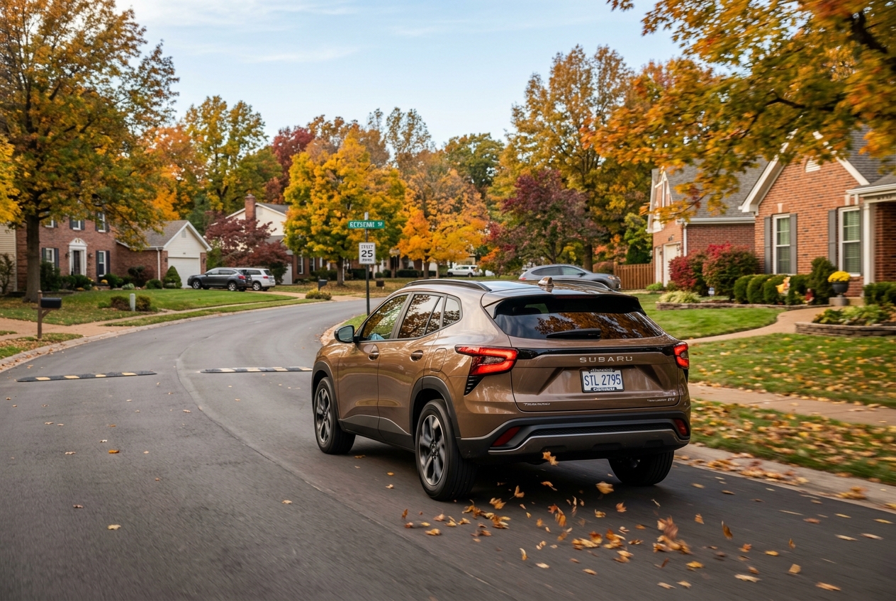 A bronze Subaru SUV driving down a curved suburban street while kicking up orange autumn leaves. (Representative image for illustration purposes only. Actual vehicle may vary based on trim and configuration.)