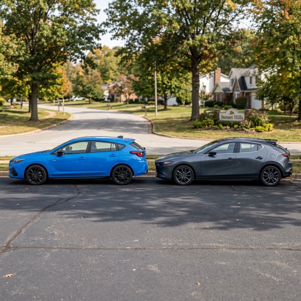 A bright blue hatchback parked nose-to-tail with a dark gray hatchback on a suburban street. (Representative image for illustration purposes only. Actual vehicle may vary based on trim and configuration.)