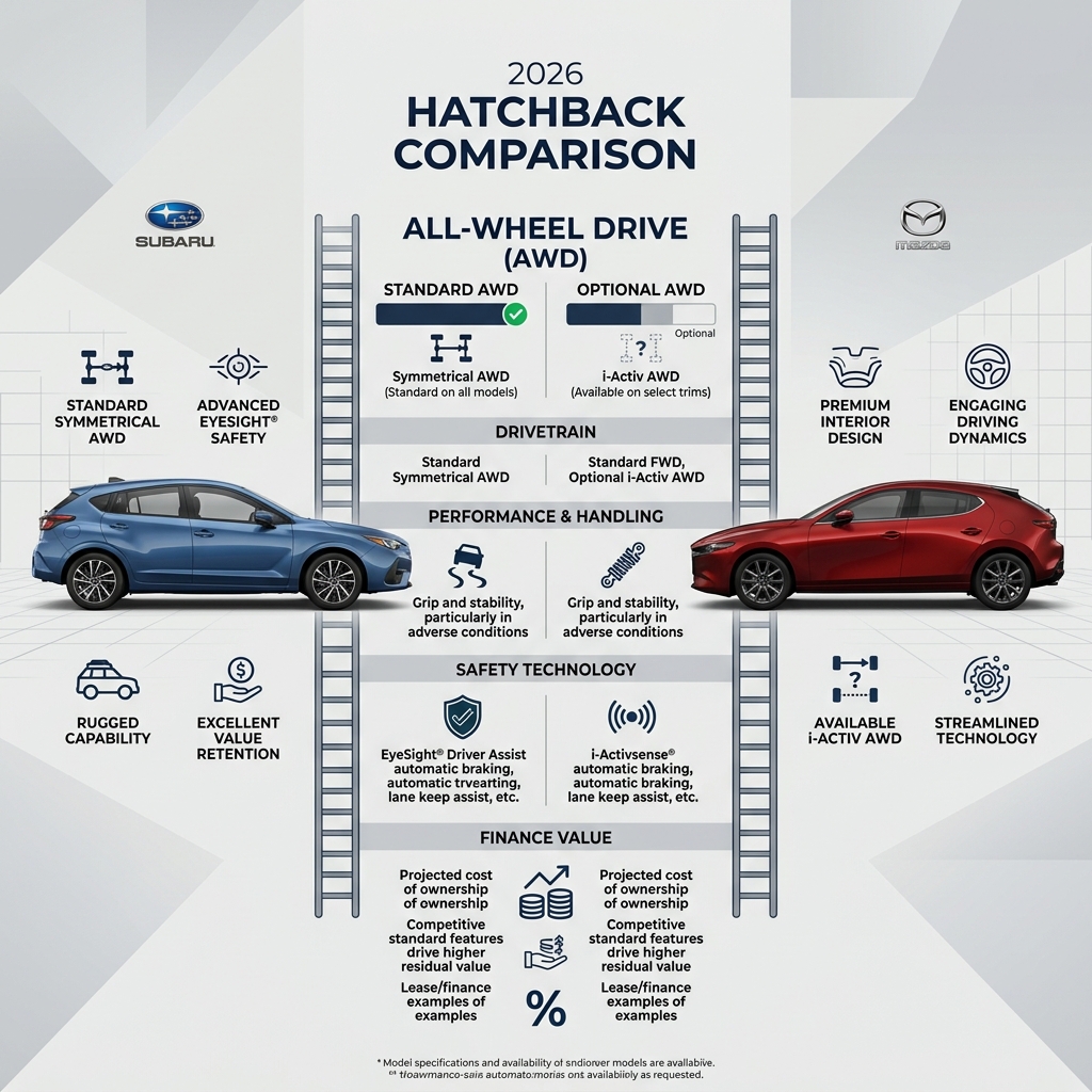 2026 hatchback comparison infographic showing features of a blue Subaru and a red Mazda side-by-side. (Representative image for illustration purposes only. Actual vehicle may vary based on trim and configuration.)