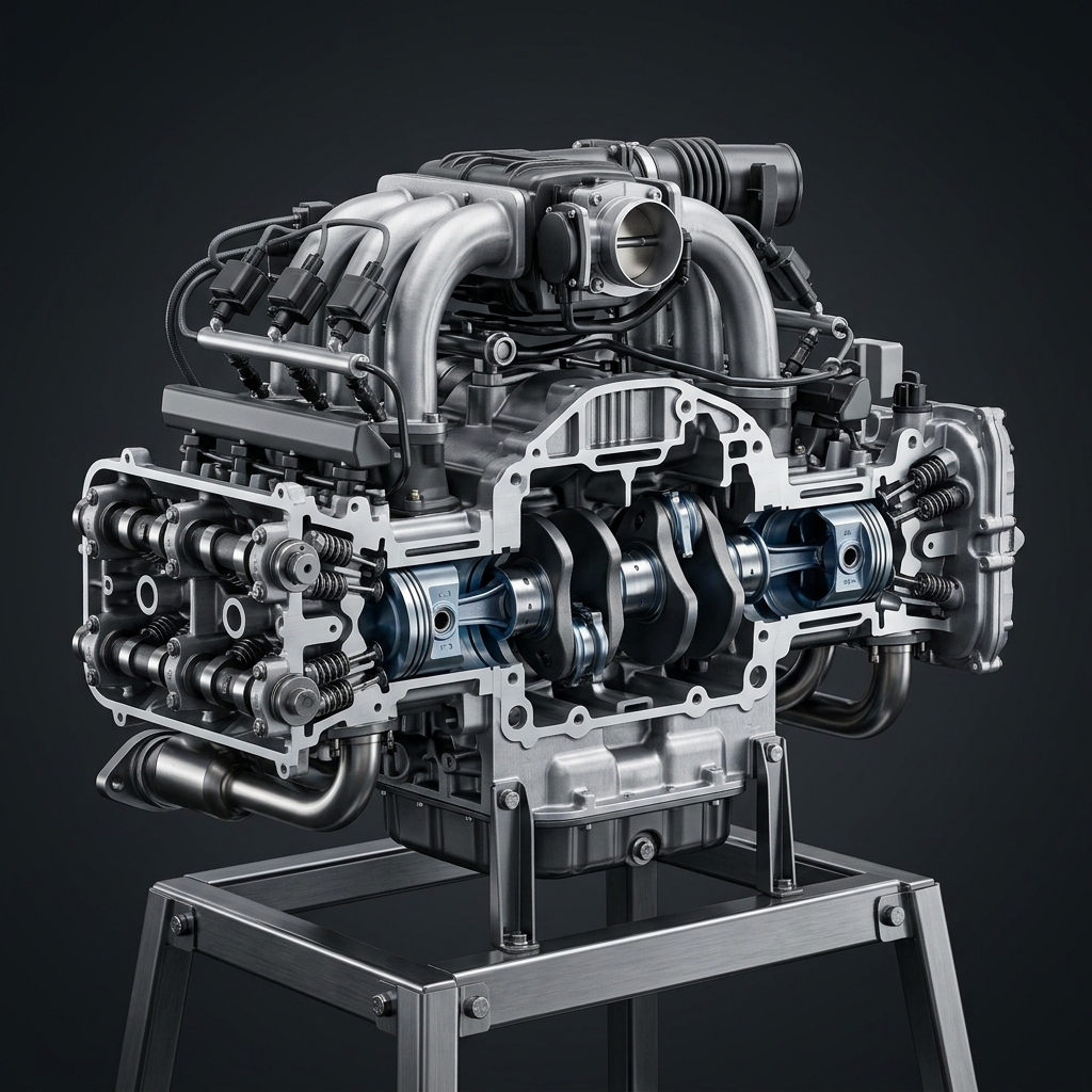 Cutaway view of a four-cylinder horizontally opposed boxer engine showing internal pistons, crankshaft, and valve train. (Representative image for illustration purposes only. Actual vehicle may vary based on trim and configuration.)