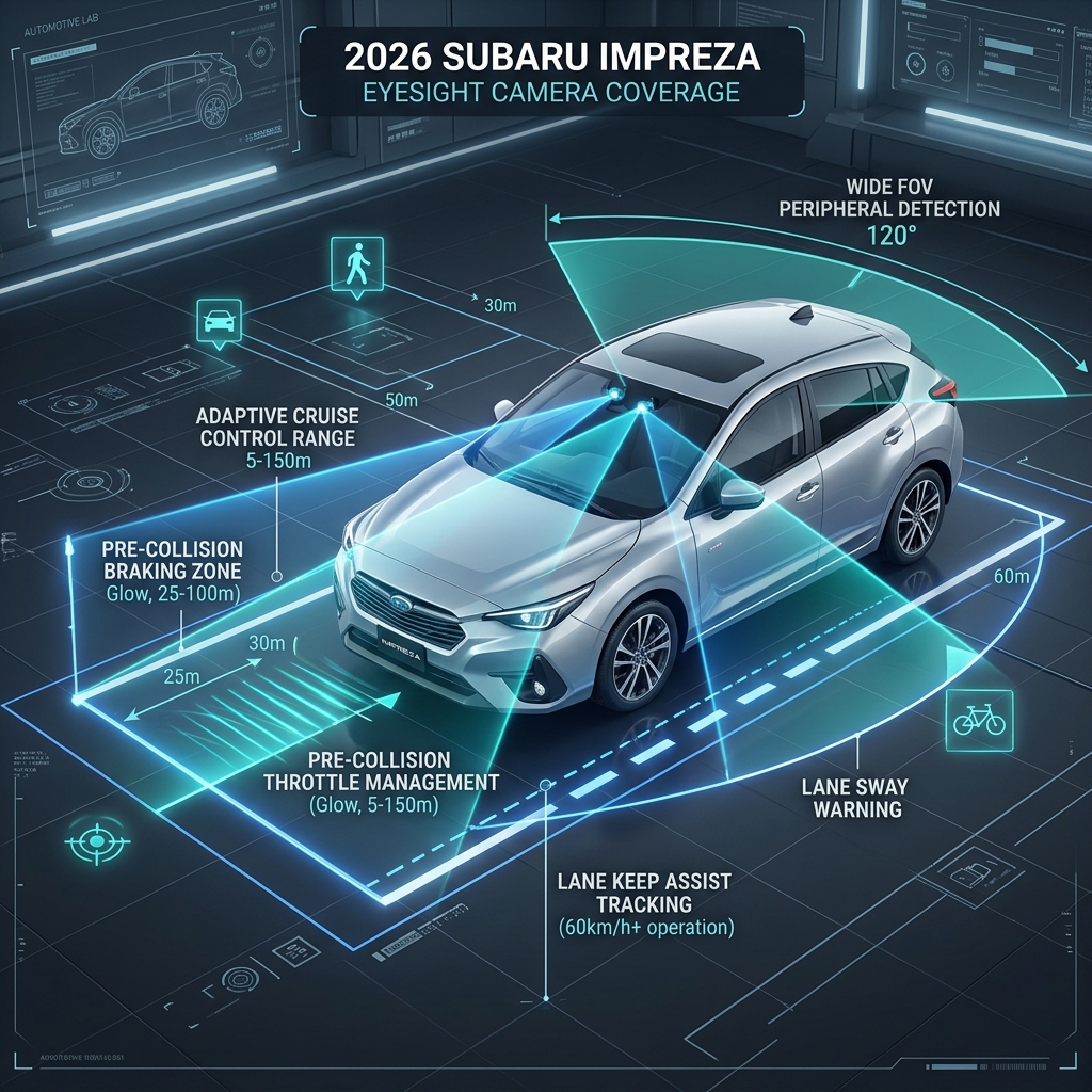 Diagram of 2026 Subaru Impreza EyeSight camera coverage showing wide FOV peripheral detection and safety zones. (Representative image for illustration purposes only. Actual vehicle may vary based on trim and configuration.)