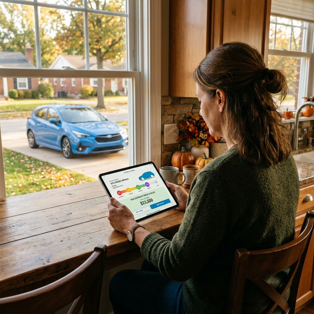 Woman at a kitchen counter holding a tablet showing a $23,500 car value while looking at a blue Subaru outside. (Representative image for illustration purposes only. Actual vehicle may vary based on trim and configuration.)