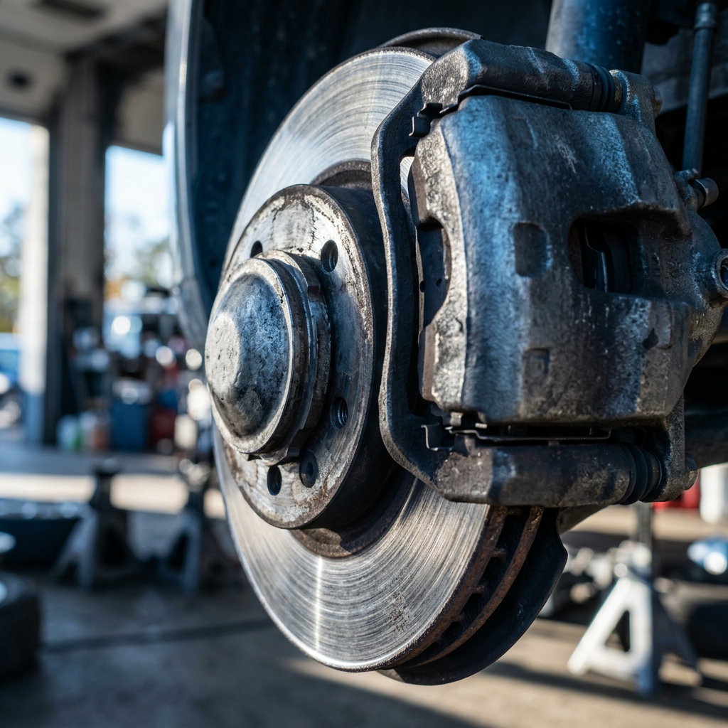 Close-up of a worn car brake rotor and caliper mounted on a vehicle inside a mechanic repair shop. (Representative image for illustration purposes only. Actual vehicle may vary based on trim and configuration.)