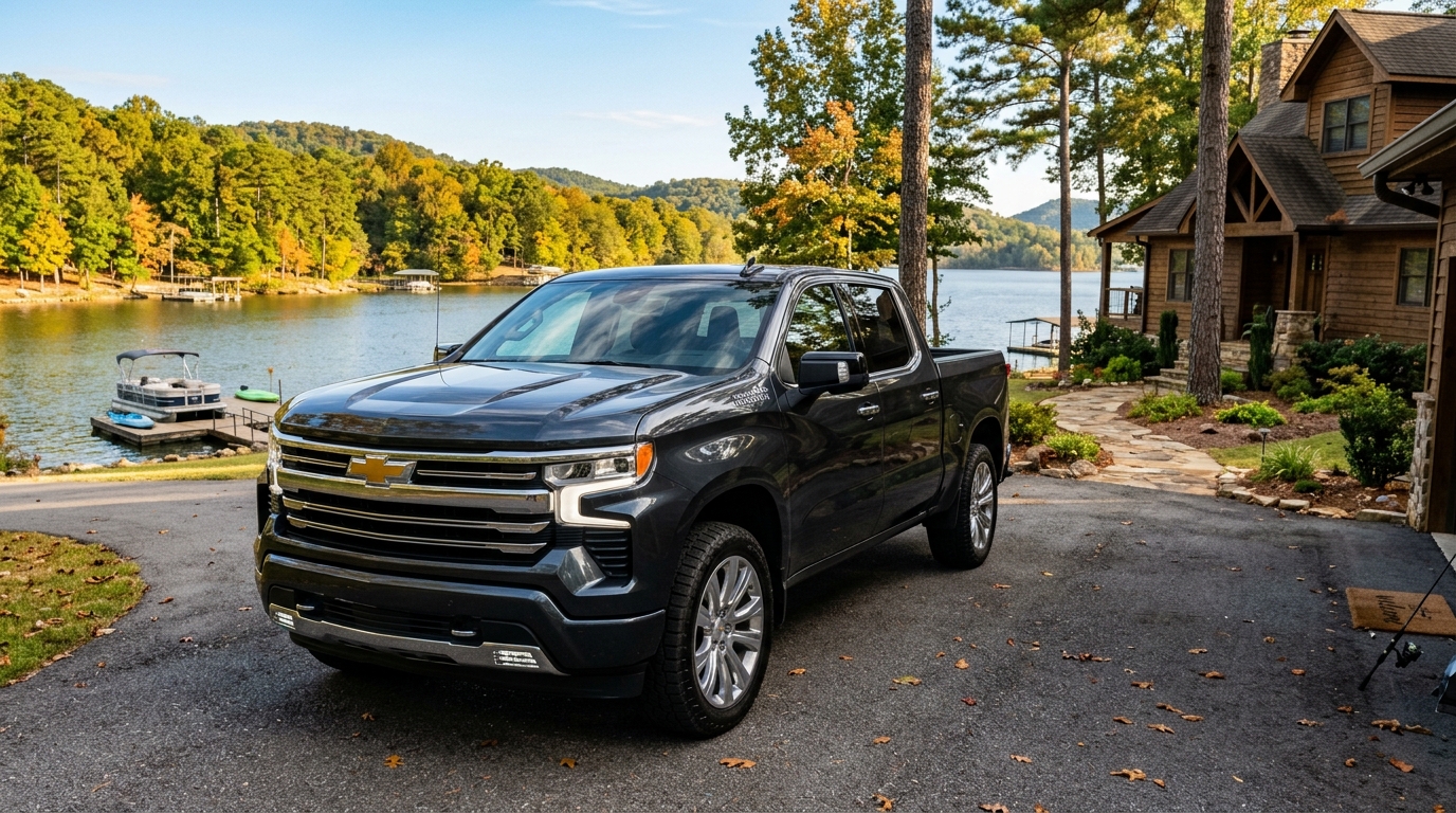 A dark grey Chevrolet Silverado truck parked on a driveway next to a lakefront cabin. (Representative image for illustration purposes only. Actual vehicle may vary based on trim and configuration.)