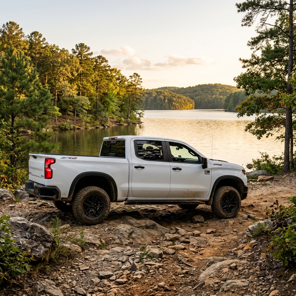 White Chevrolet Silverado ZR2 truck parked on a rocky trail next to a calm lake surrounded by pine trees. (Representative image for illustration purposes only. Actual vehicle may vary based on trim and configuration.)