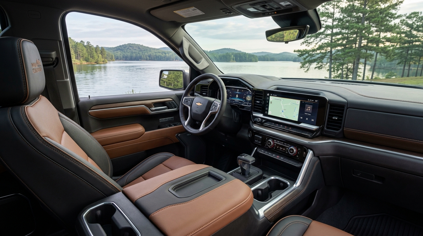 Interior of a Chevy truck featuring brown and black leather seats, digital displays, and a view of a scenic lake. (Representative image for illustration purposes only. Actual vehicle may vary based on trim and configuration.)