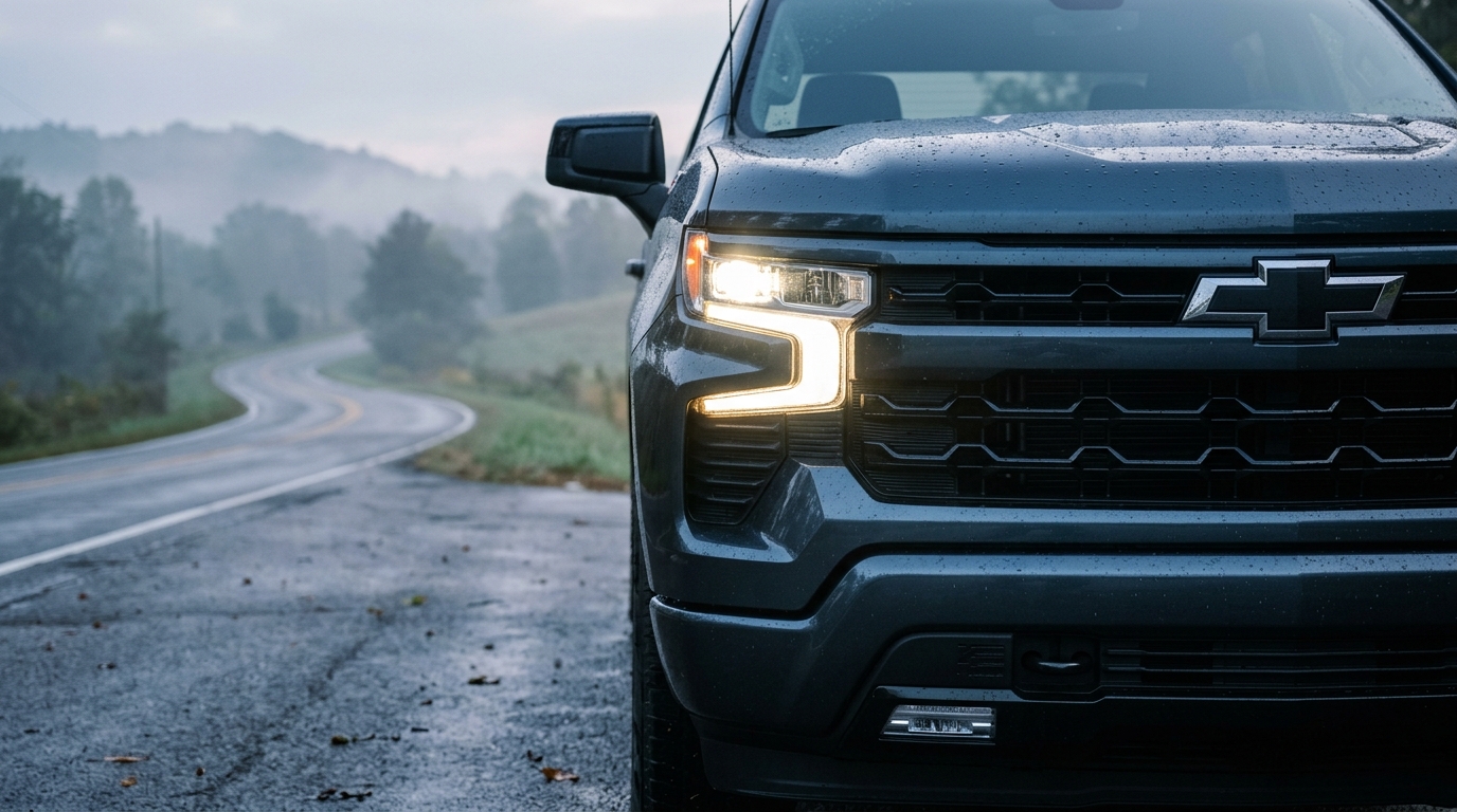Front grille and illuminated LED headlight of a dark grey Chevrolet truck parked along a foggy winding road. (Representative image for illustration purposes only. Actual vehicle may vary based on trim and configuration.)