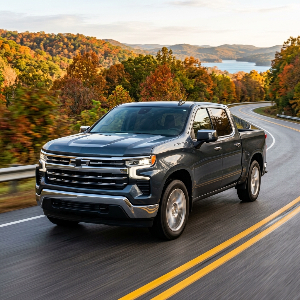 A dark grey Chevrolet Silverado truck drives on a winding road surrounded by colorful autumn foliage and a distant lake. (Representative image for illustration purposes only. Actual vehicle may vary based on trim and configuration.)