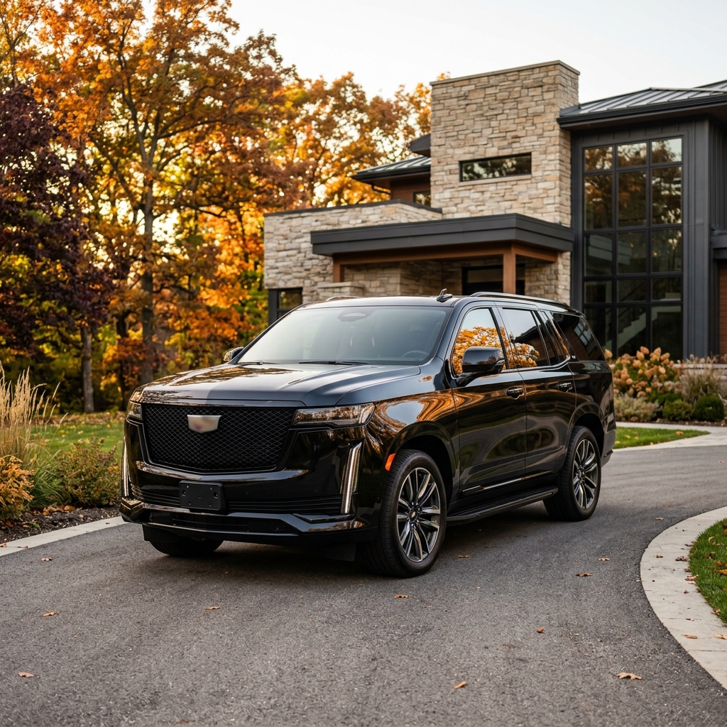 Black luxury Cadillac Escalade parked on a paved driveway outside a modern stone house amidst autumn foliage. (Representative image for illustration purposes only. Actual vehicle may vary based on trim and configuration.)