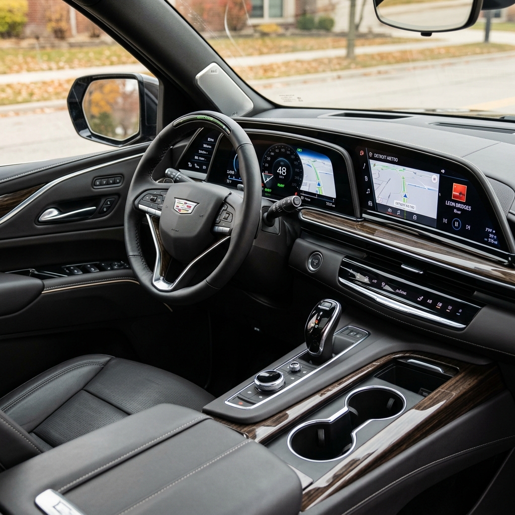 Modern luxury car interior featuring a curved digital dashboard screen, leather-wrapped steering wheel, and wood trim console. (Representative image for illustration purposes only. Actual vehicle may vary based on trim and configuration.)