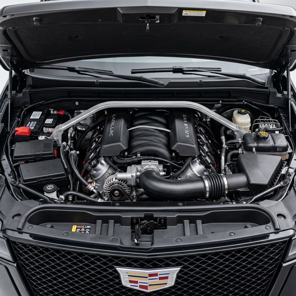 Open hood showing a clean 6.2L V8 VVT engine inside a black Cadillac engine bay with a silver strut tower brace. (Representative image for illustration purposes only. Actual vehicle may vary based on trim and configuration.)